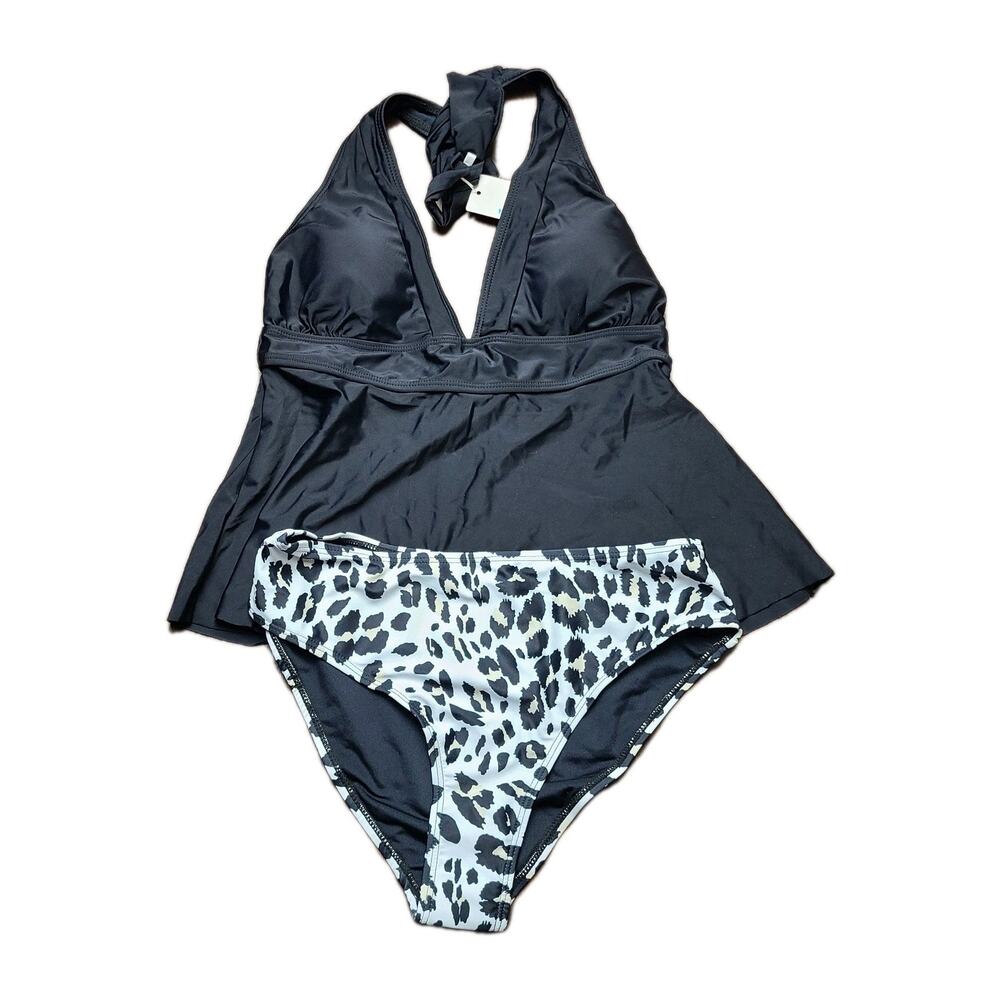 NWT Beachsissi Women's Tankini‎ Set Black Top White Brown Animal Print Bottoms M